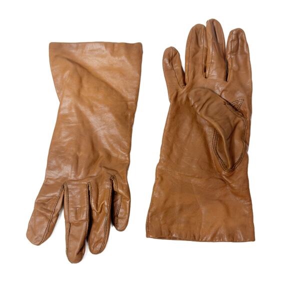Vintage Accessories - Vintage Honey Brown Leather Winter Dress Gloves Womens size S/M Lined